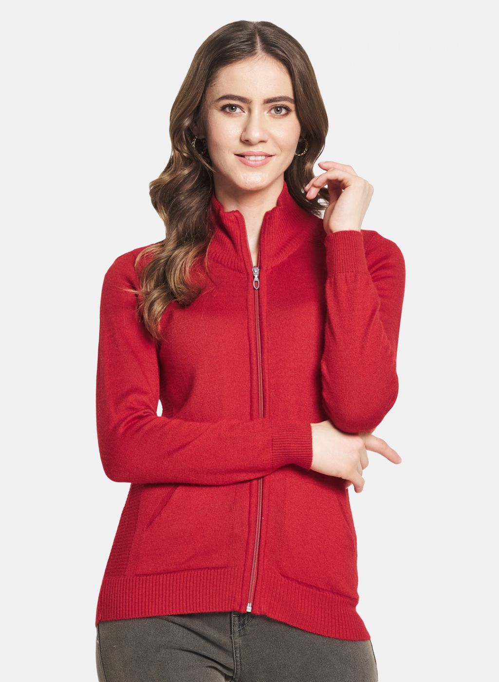 Women Red Solid Cardigan