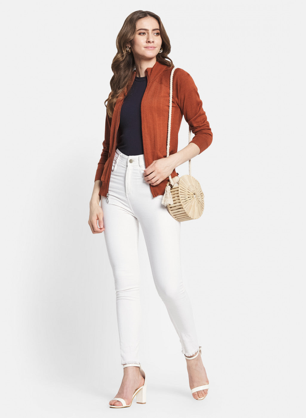 Women Rust Orange Solid Cardigan