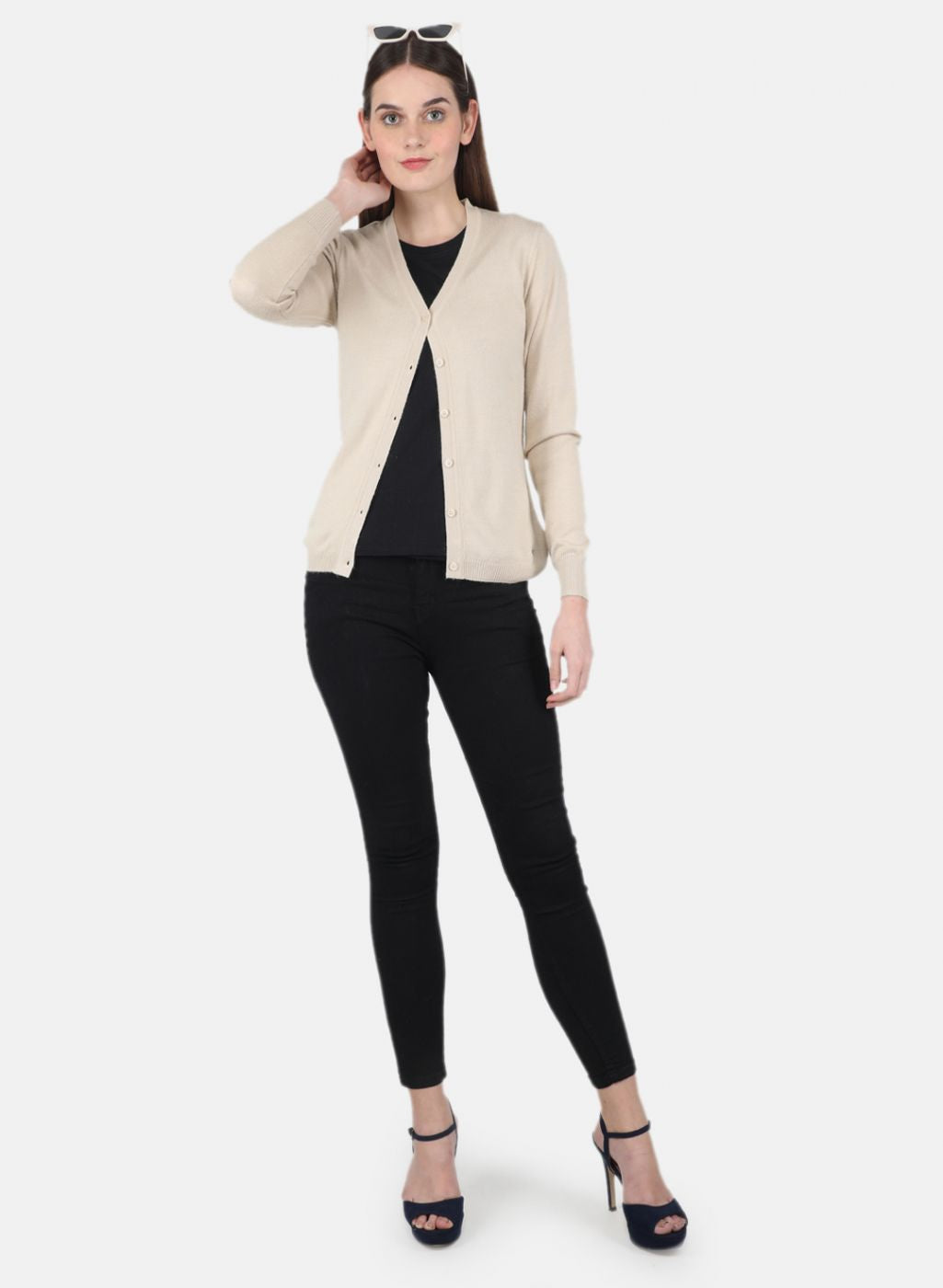 Women Beige Solid Cardigan