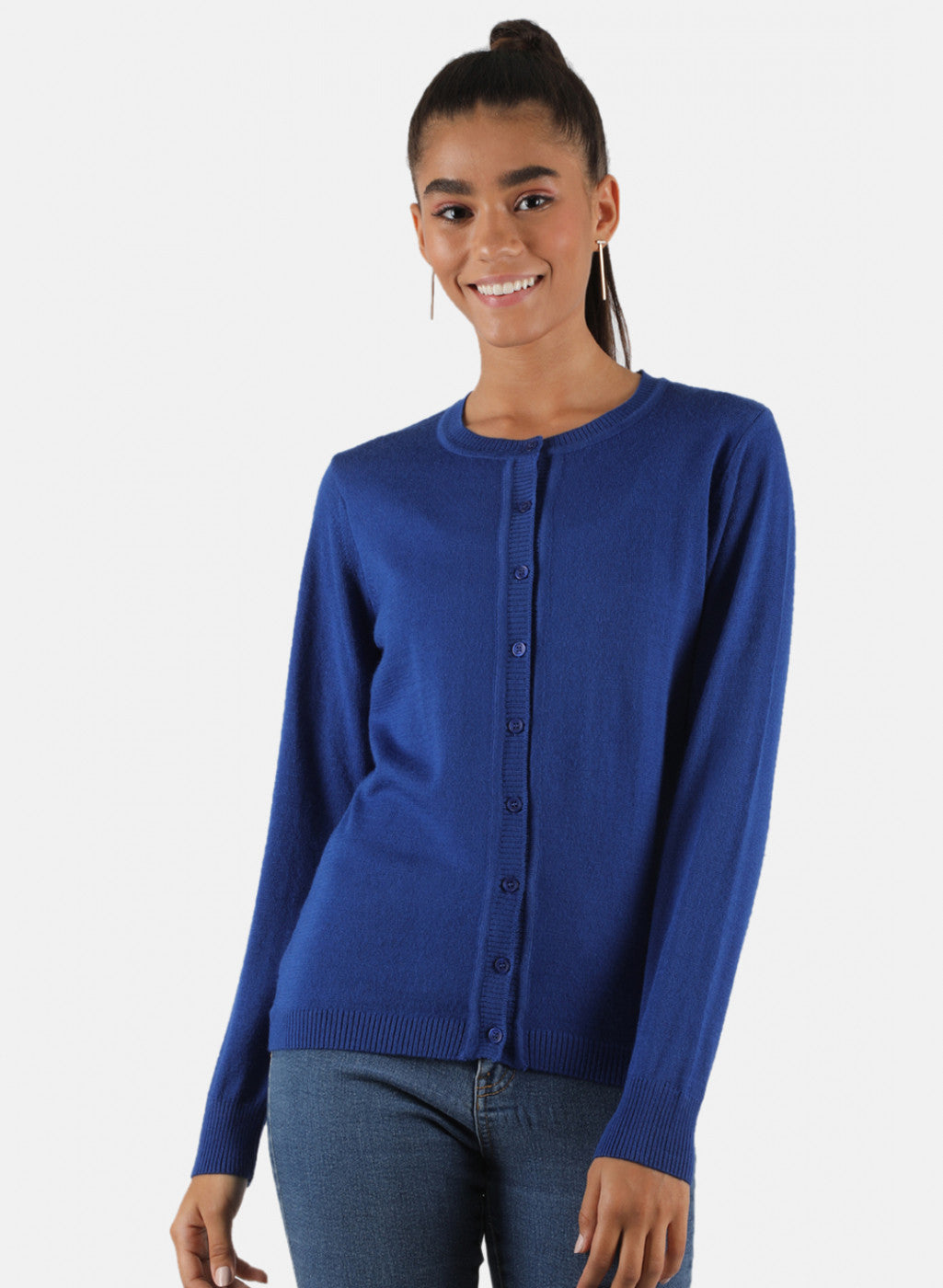 Women Royal Blue Solid Cardigan - Main Image