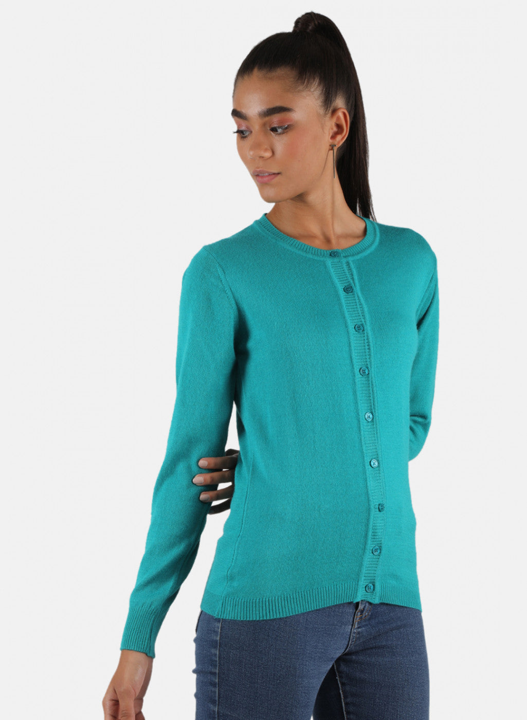 Women Green Solid Cardigan