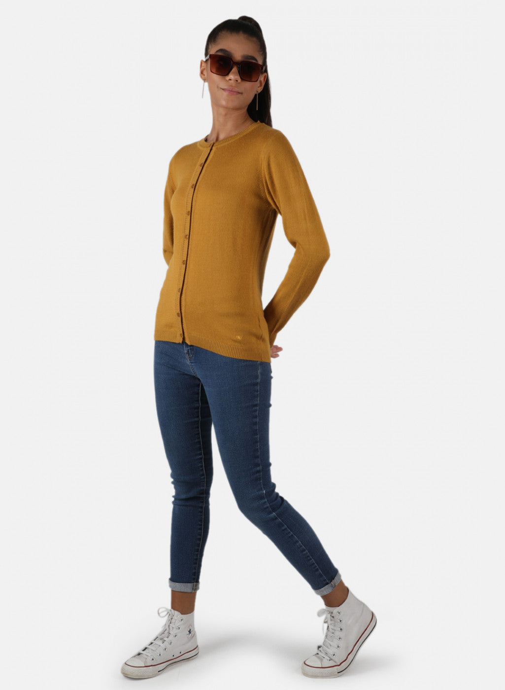 Women Mustard Solid Cardigan