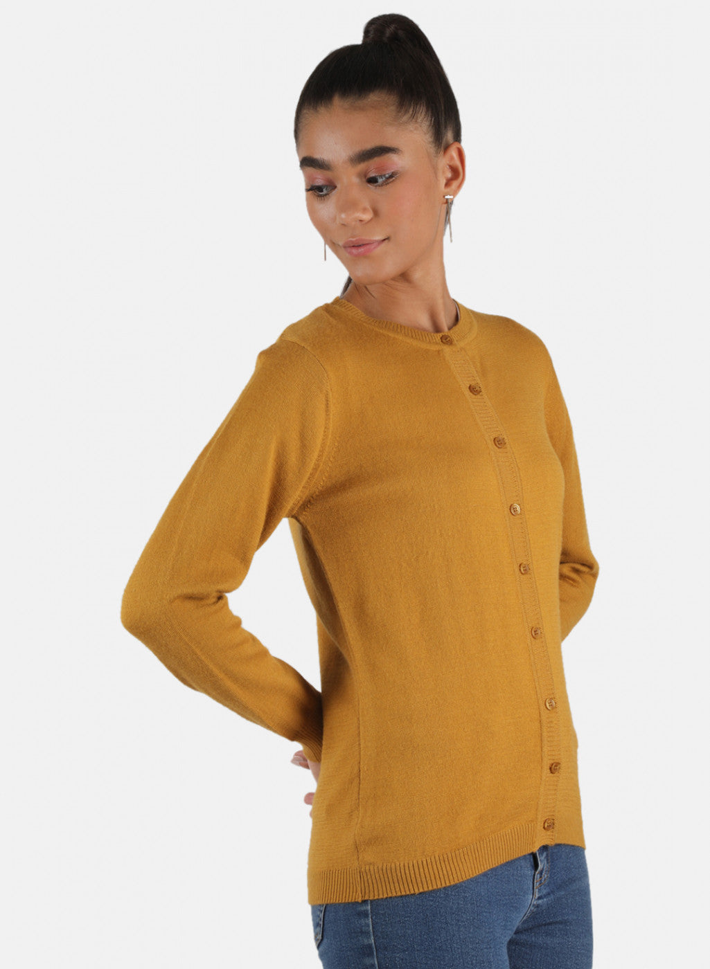 Women Mustard Solid Cardigan