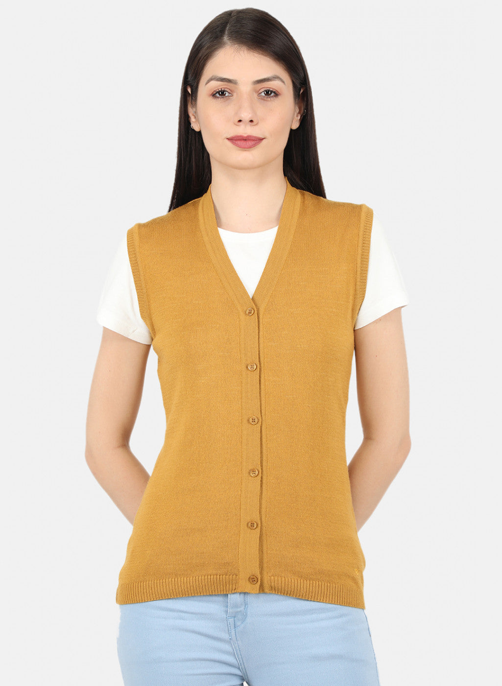 Women Golden Yellow Solid Cardigan