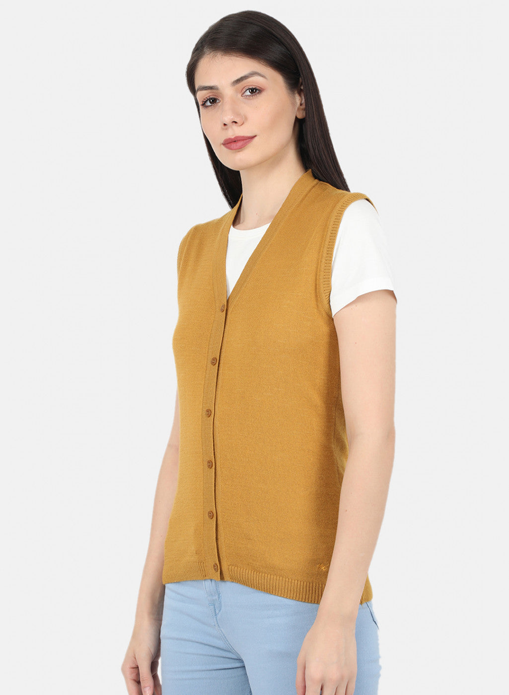 Women Golden Yellow Solid Cardigan