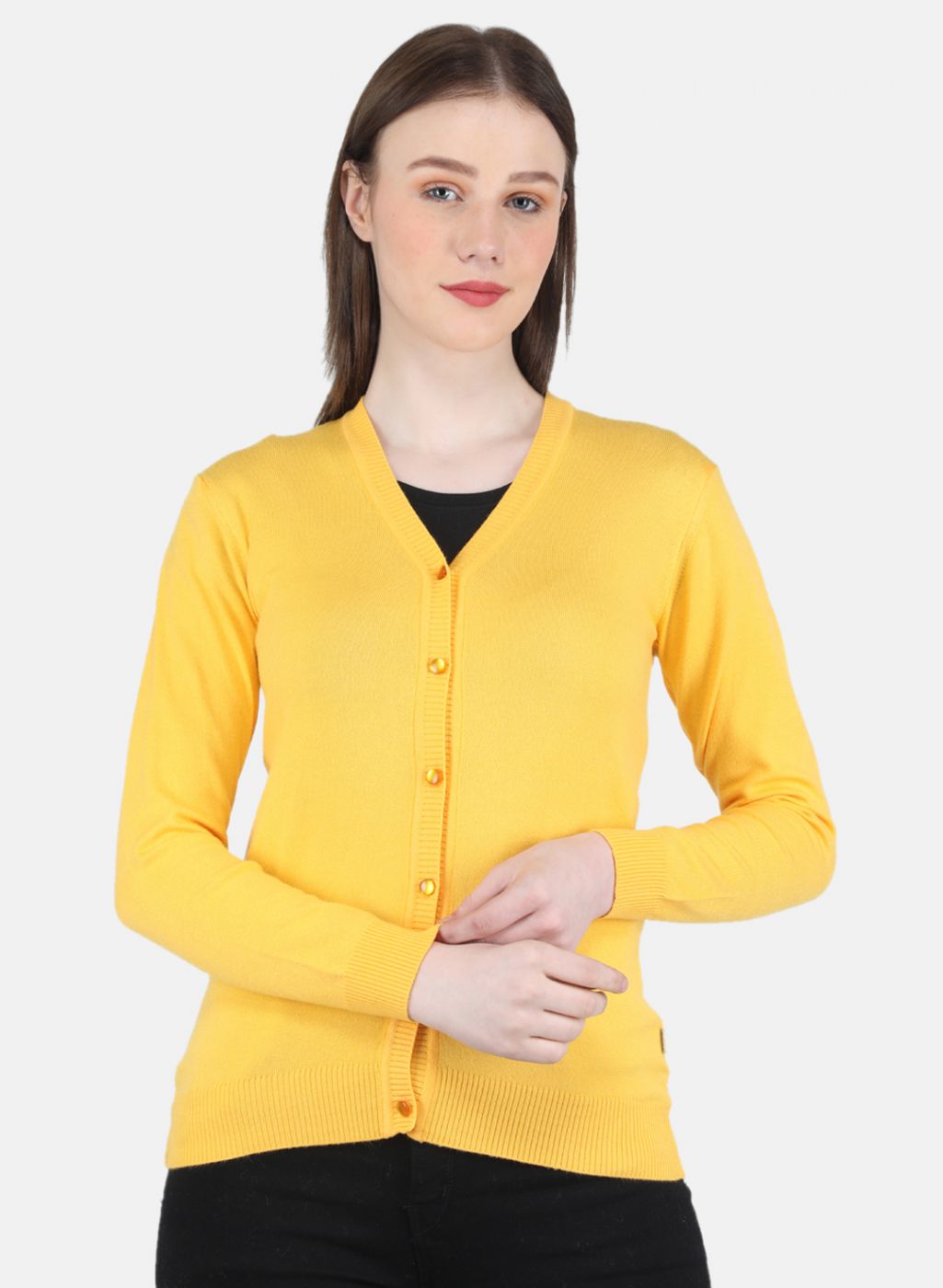 Women Yellow Self Design Cardigan