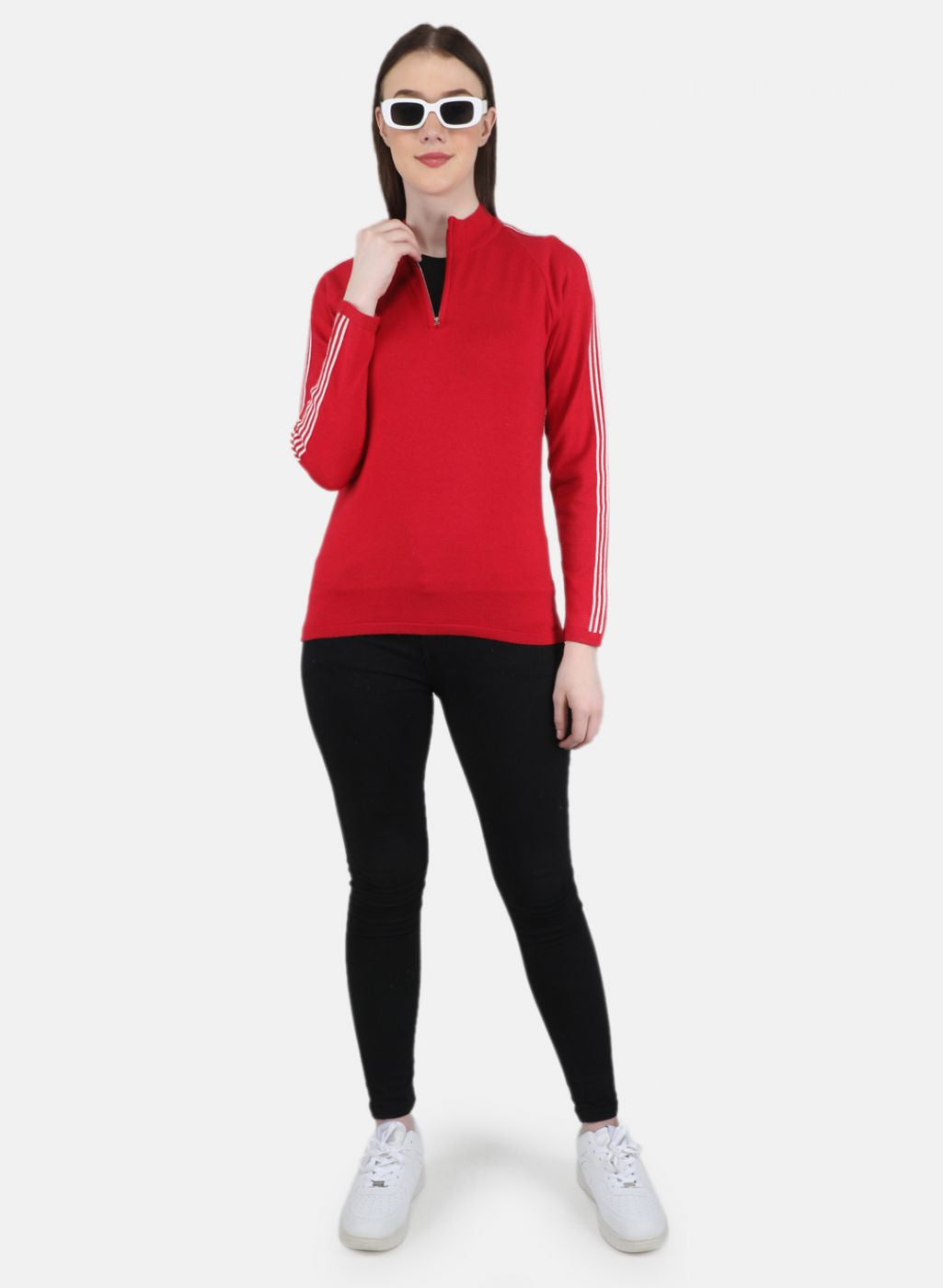 Women Red Self Design Pullover
