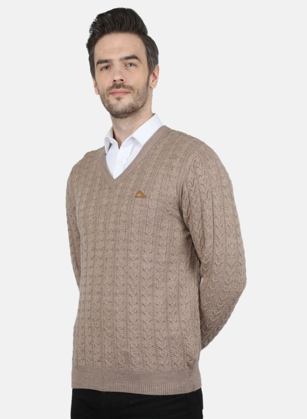 Men Beige Self Design Pullover