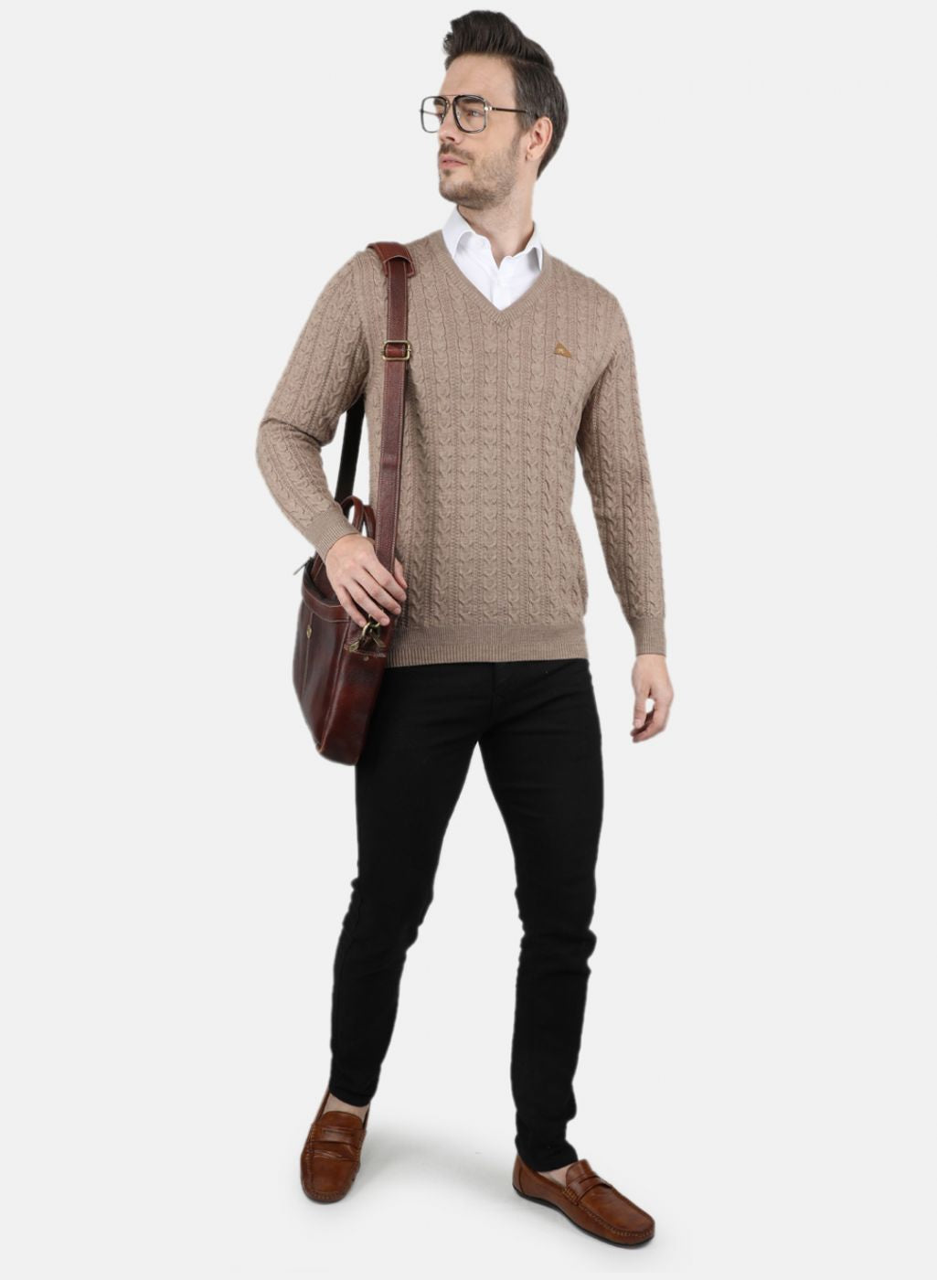 Men Beige Self Design Pullover