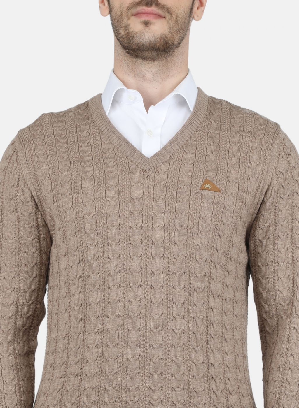 Men Beige Self Design Pullover
