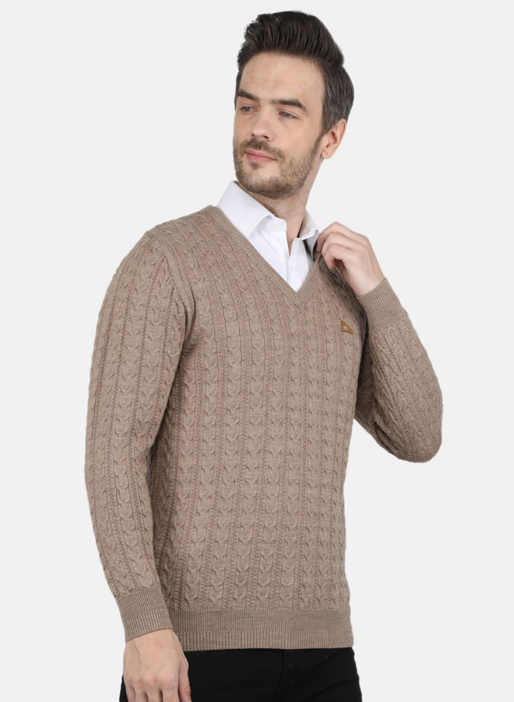 Men Beige Self Design Pullover