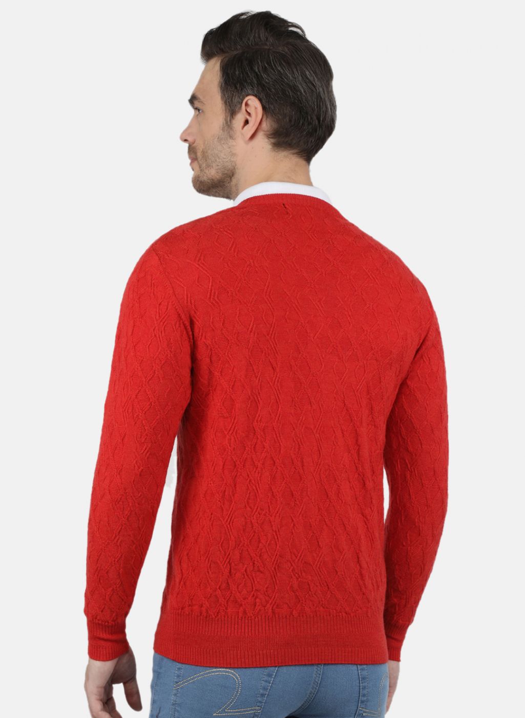 Men Red Self Design Pullover
