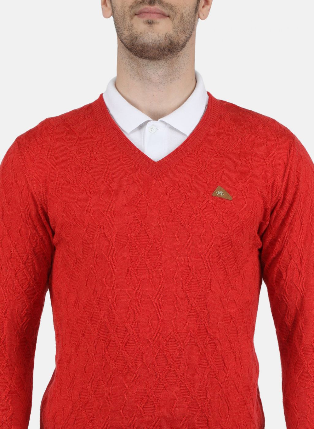 Men Red Self Design Pullover