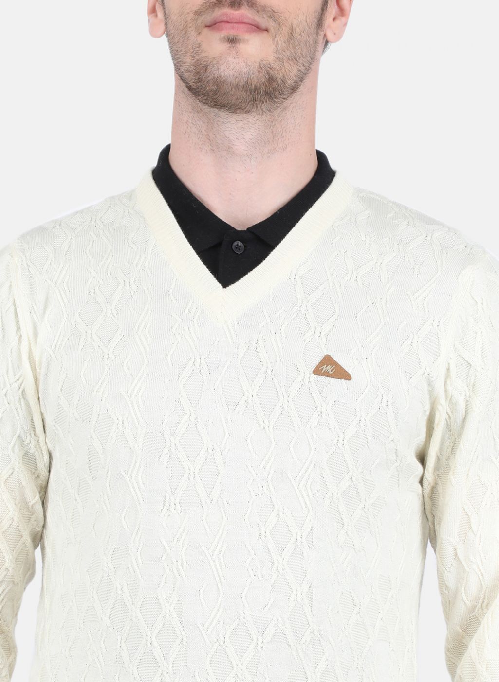 Men Off White Self Design Pullover