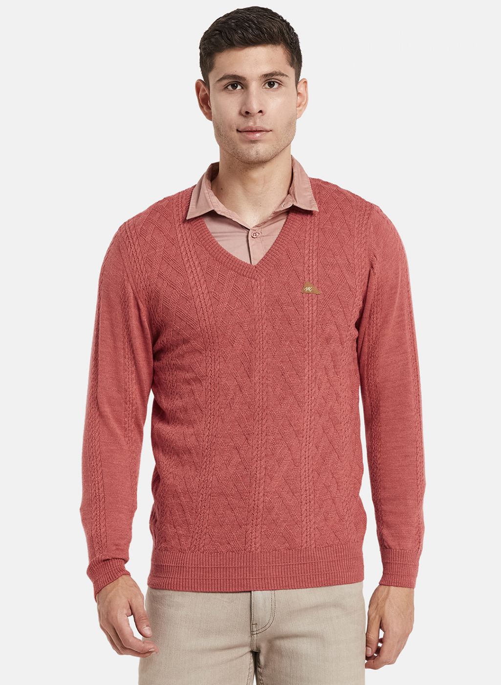 Men Red Self Design Pullover