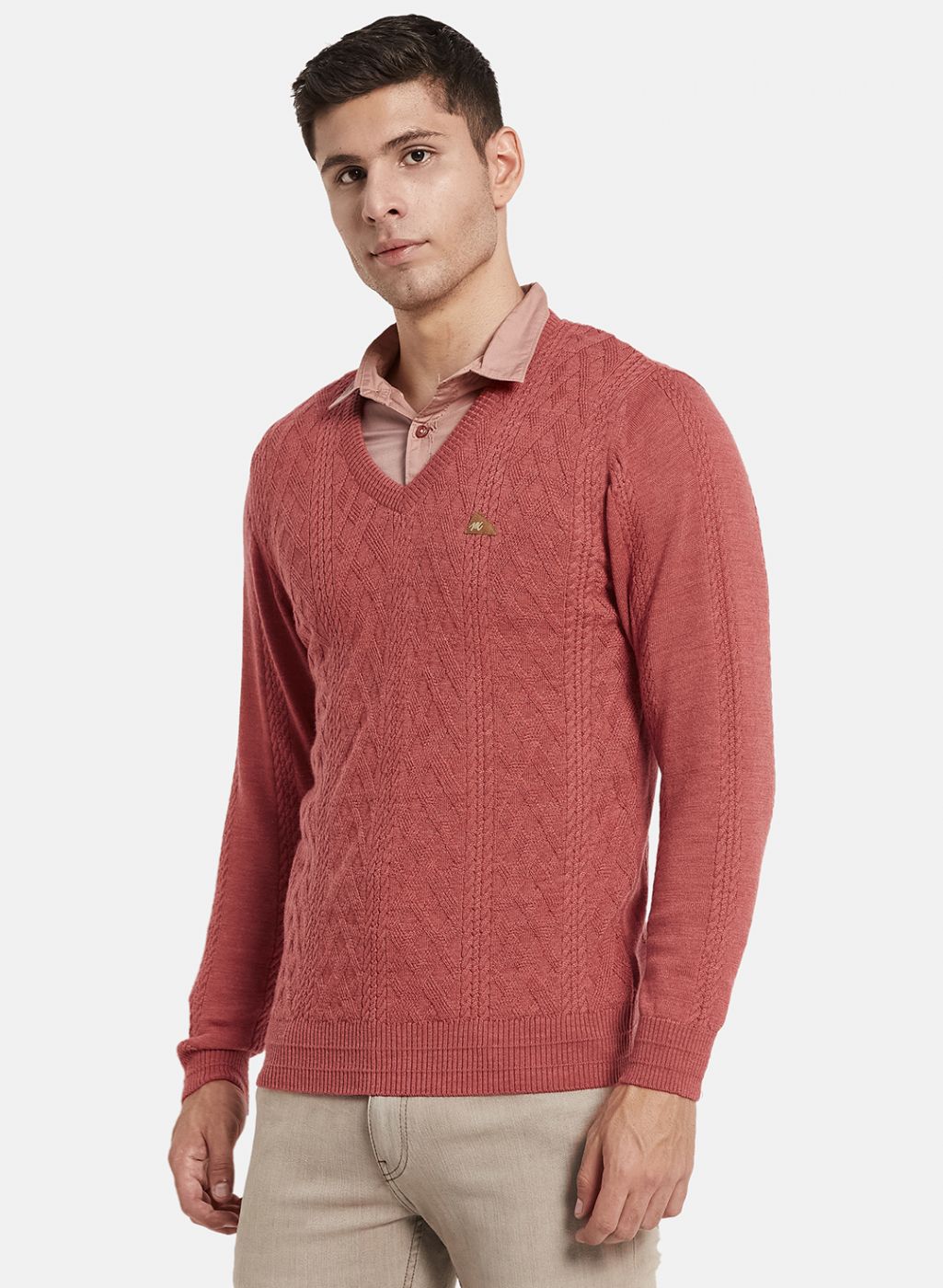 Men Red Self Design Pullover