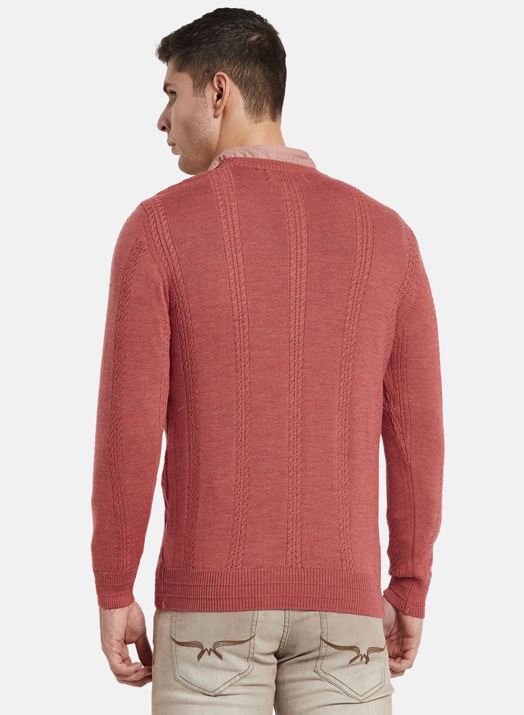 Men Red Self Design Pullover