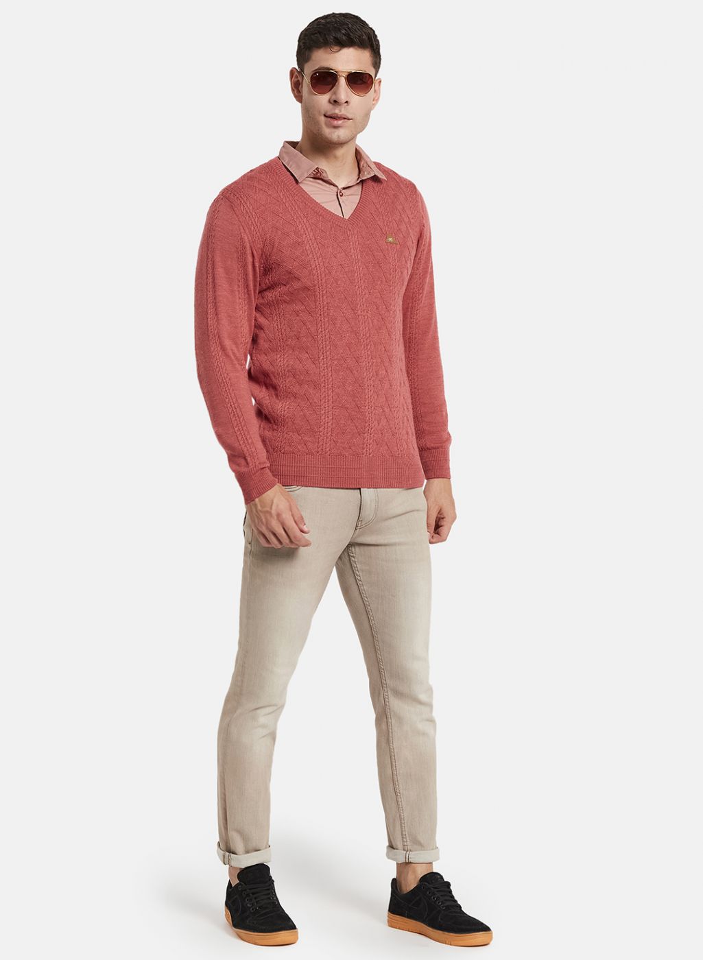 Men Red Self Design Pullover