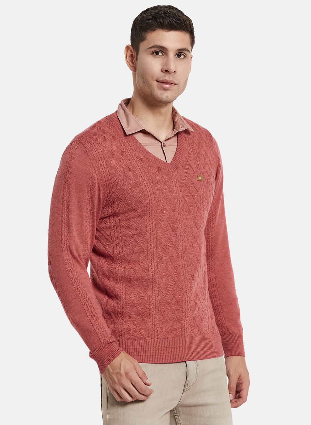 Men Red Self Design Pullover