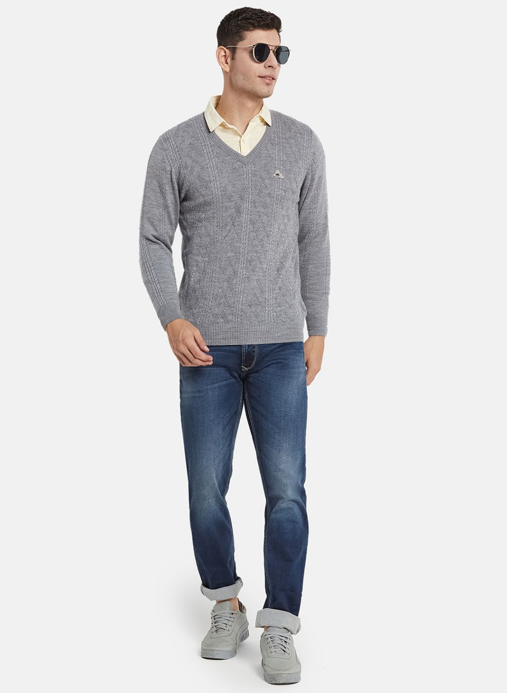 Men Grey Self Design Pullover