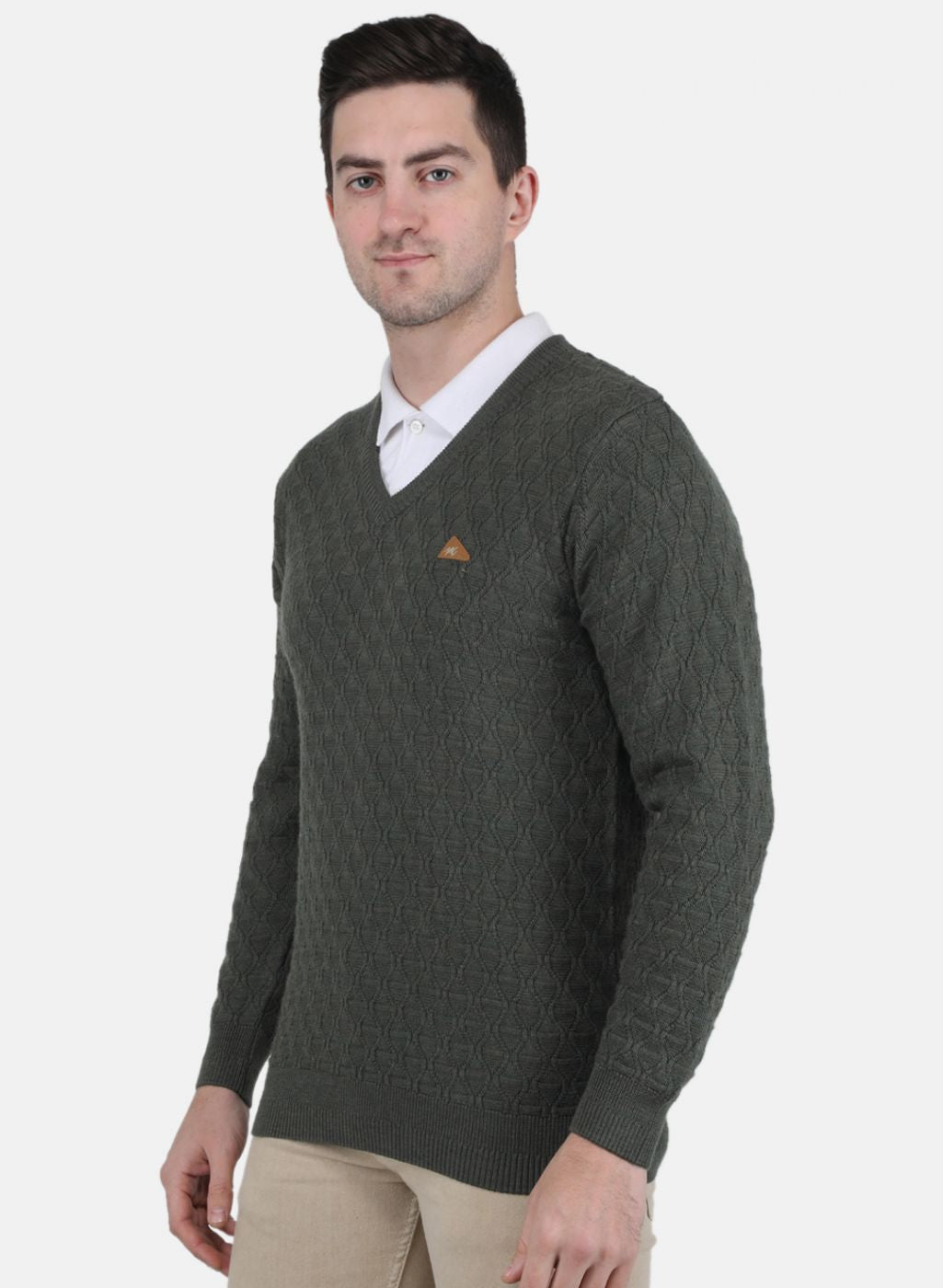Men Olive Self Design Pullover
