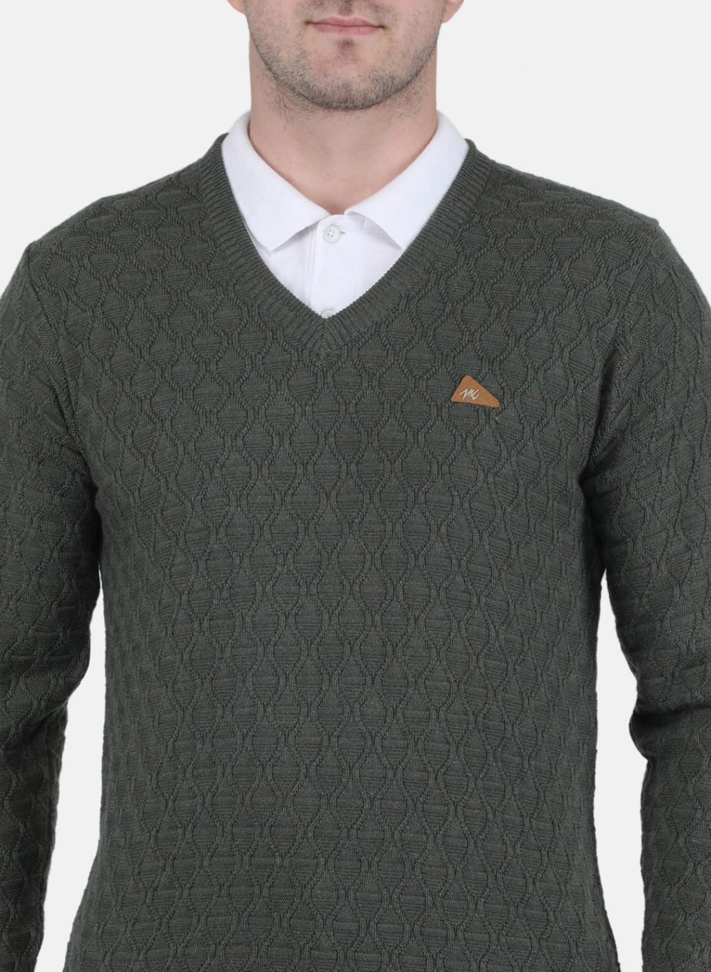 Men Olive Self Design Pullover