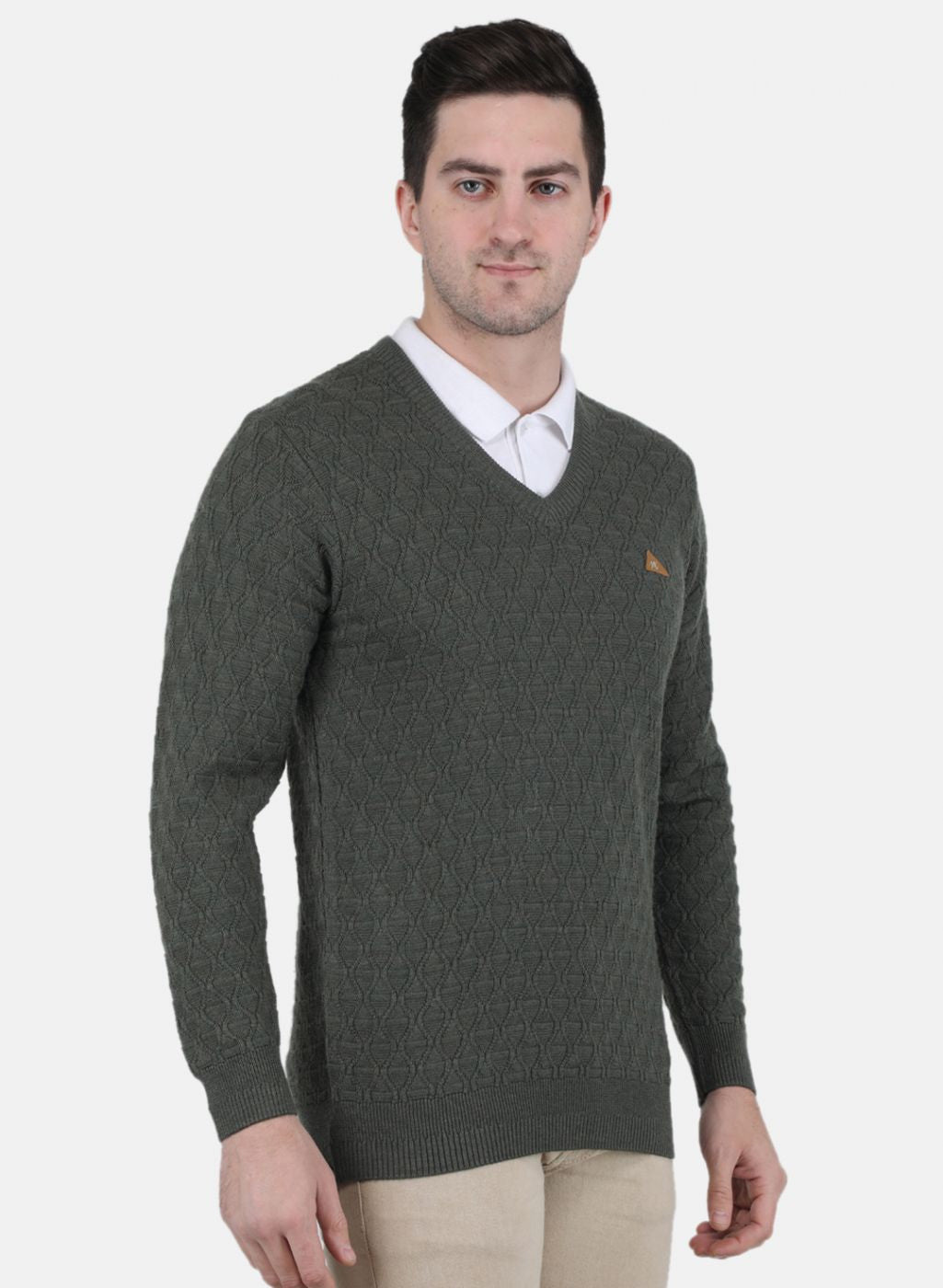 Men Olive Self Design Pullover