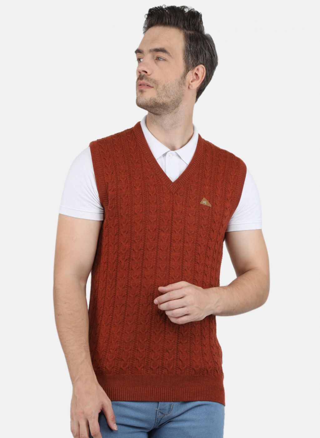 Men Orange Self Design Sweater