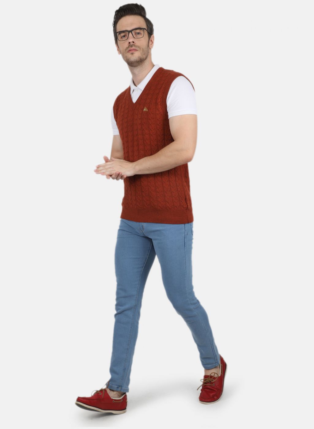 Men Orange Self Design Sweater