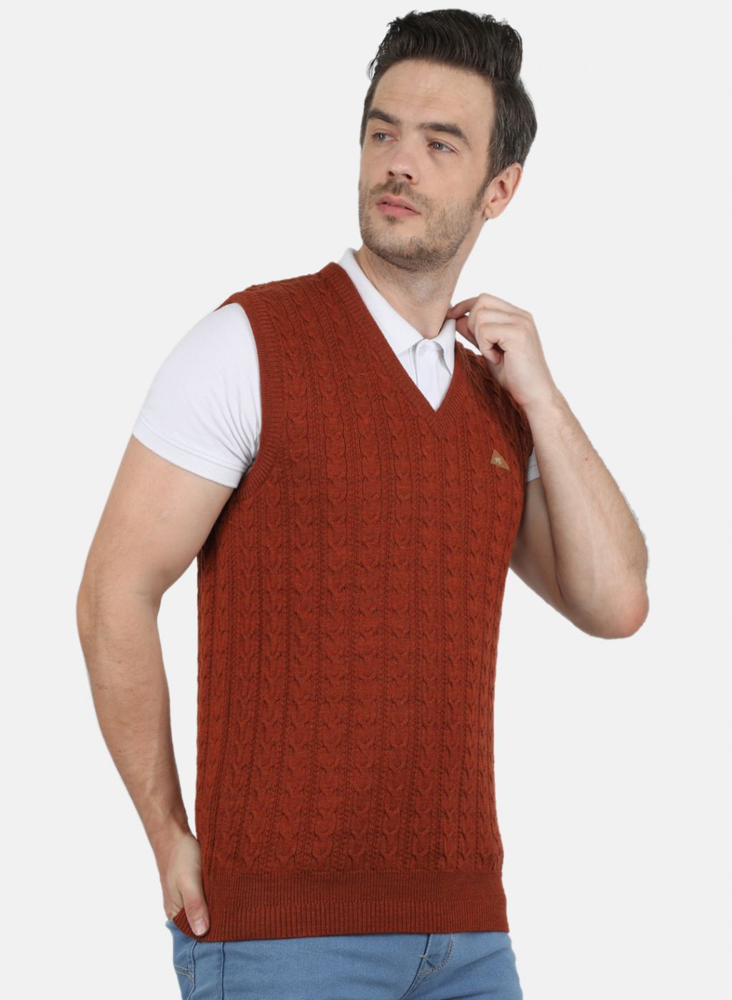 Men Orange Self Design Sweater