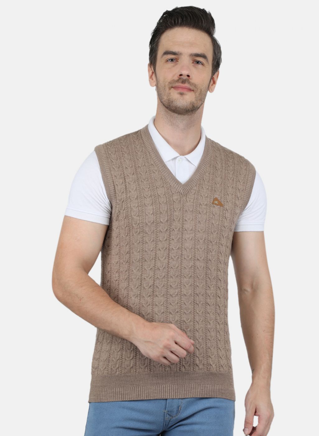 Men Beige Self Design Sweater