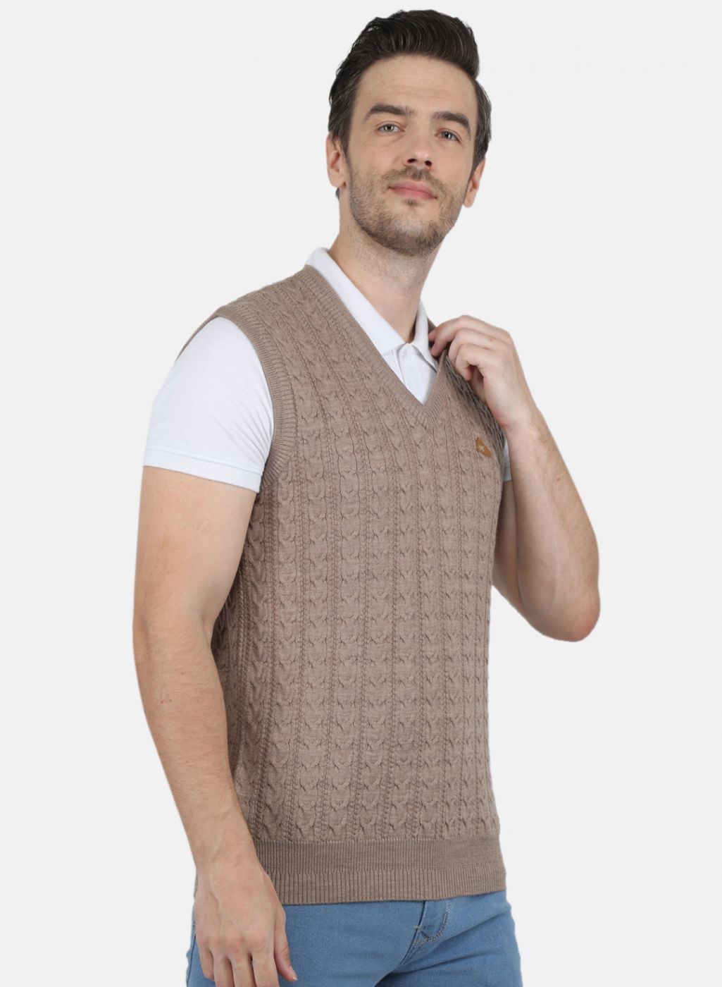 Men Beige Self Design Sweater