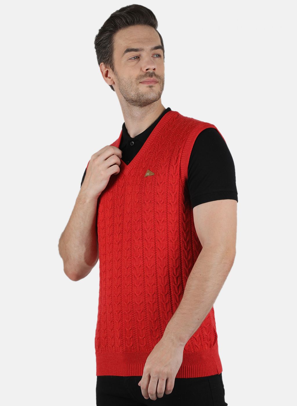 Men Red Self Design Sweater