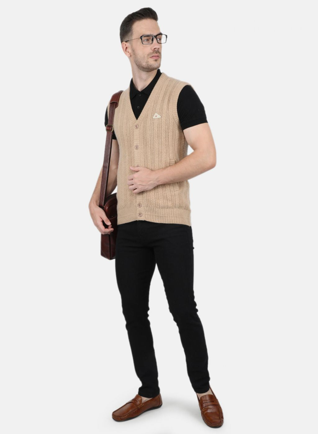 Men Beige Self Design Cardigan