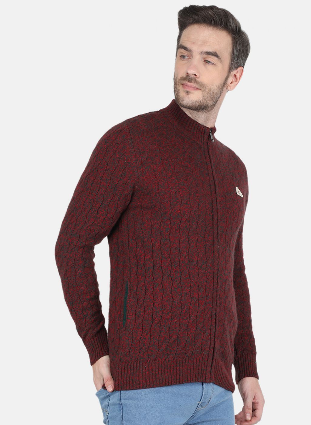 Men Maroon Self design Pullover