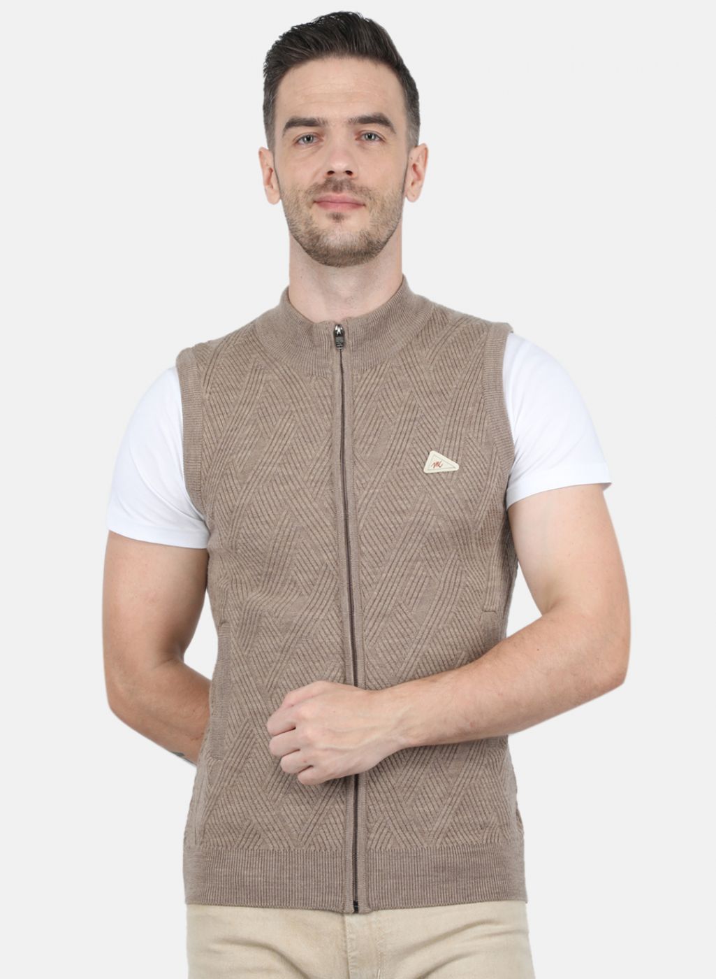 Men Khaki Self Design Sweater