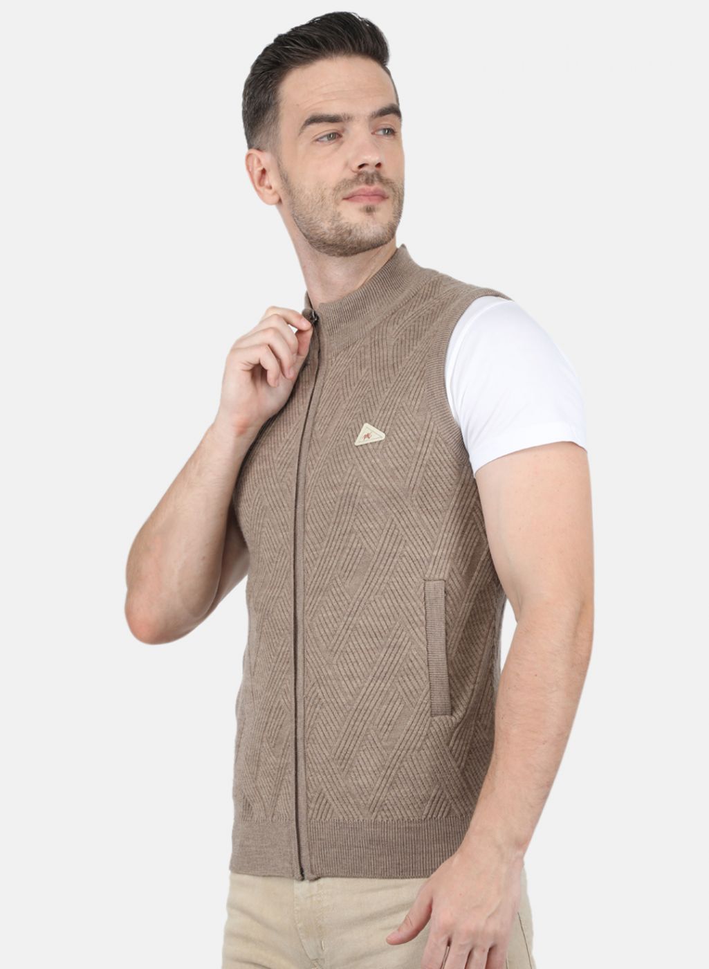 Men Khaki Self Design Sweater