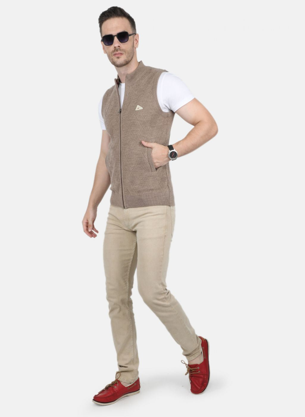 Men Khaki Self Design Sweater