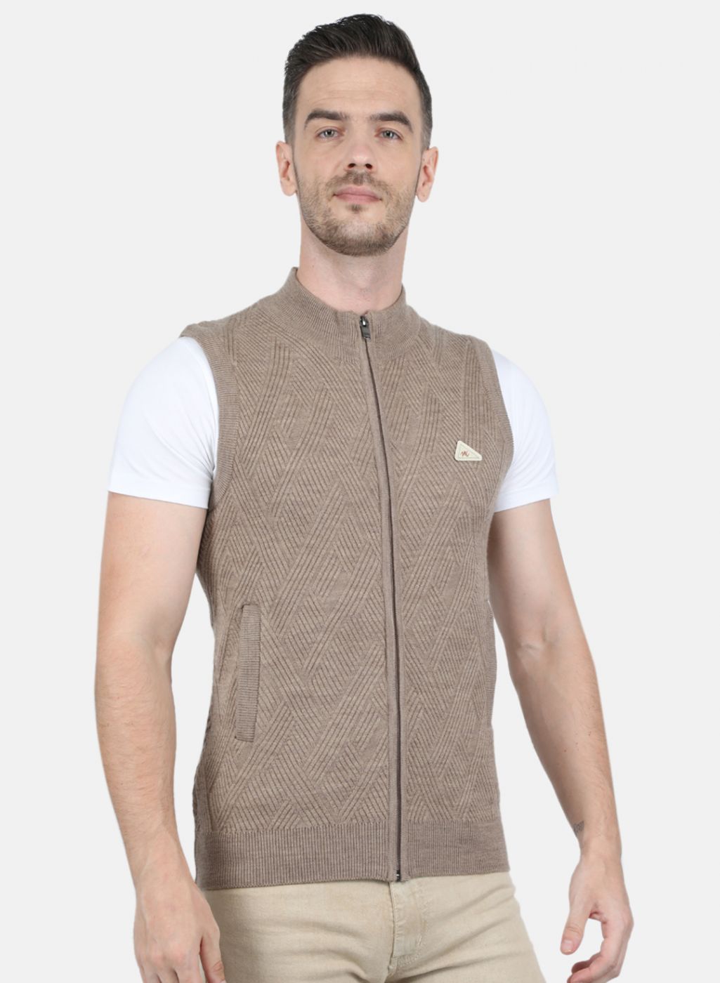 Men Khaki Self Design Sweater