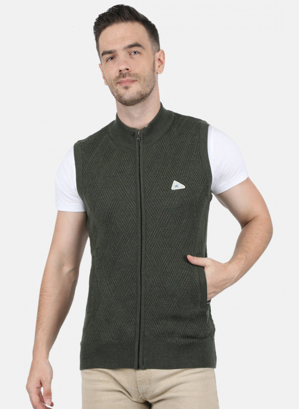 Men Olive Self Design Sweater