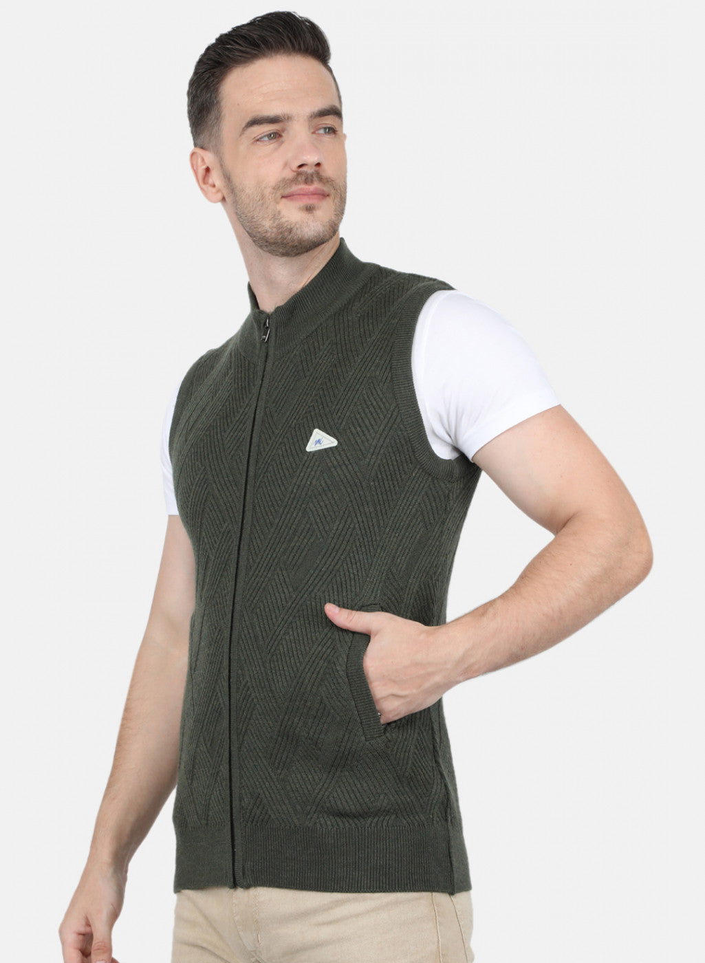 Men Olive Self Design Sweater