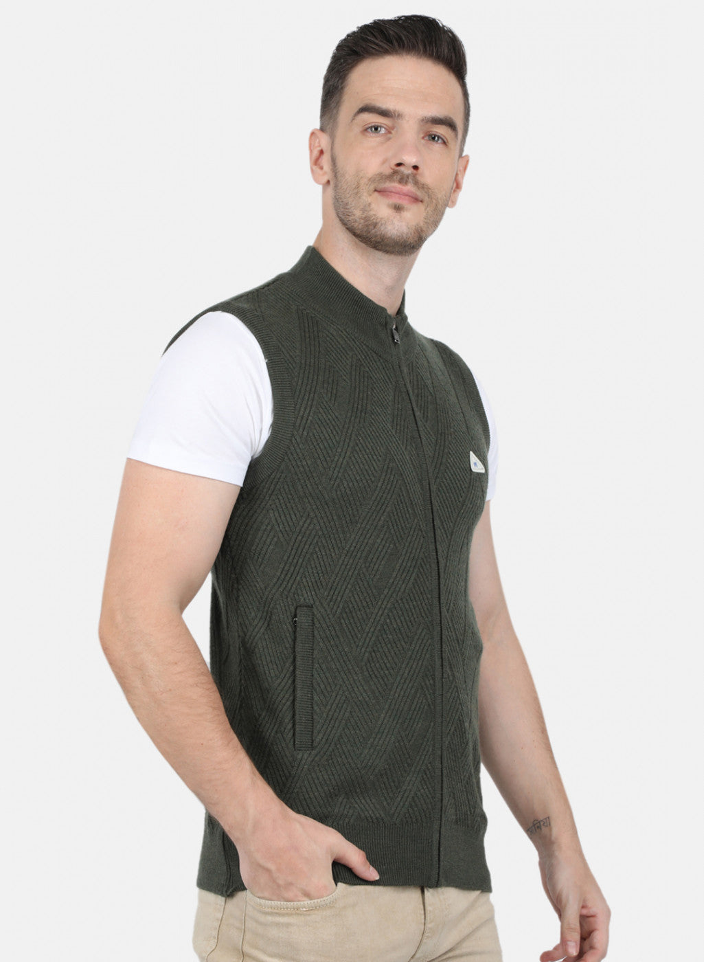 Men Olive Self Design Sweater