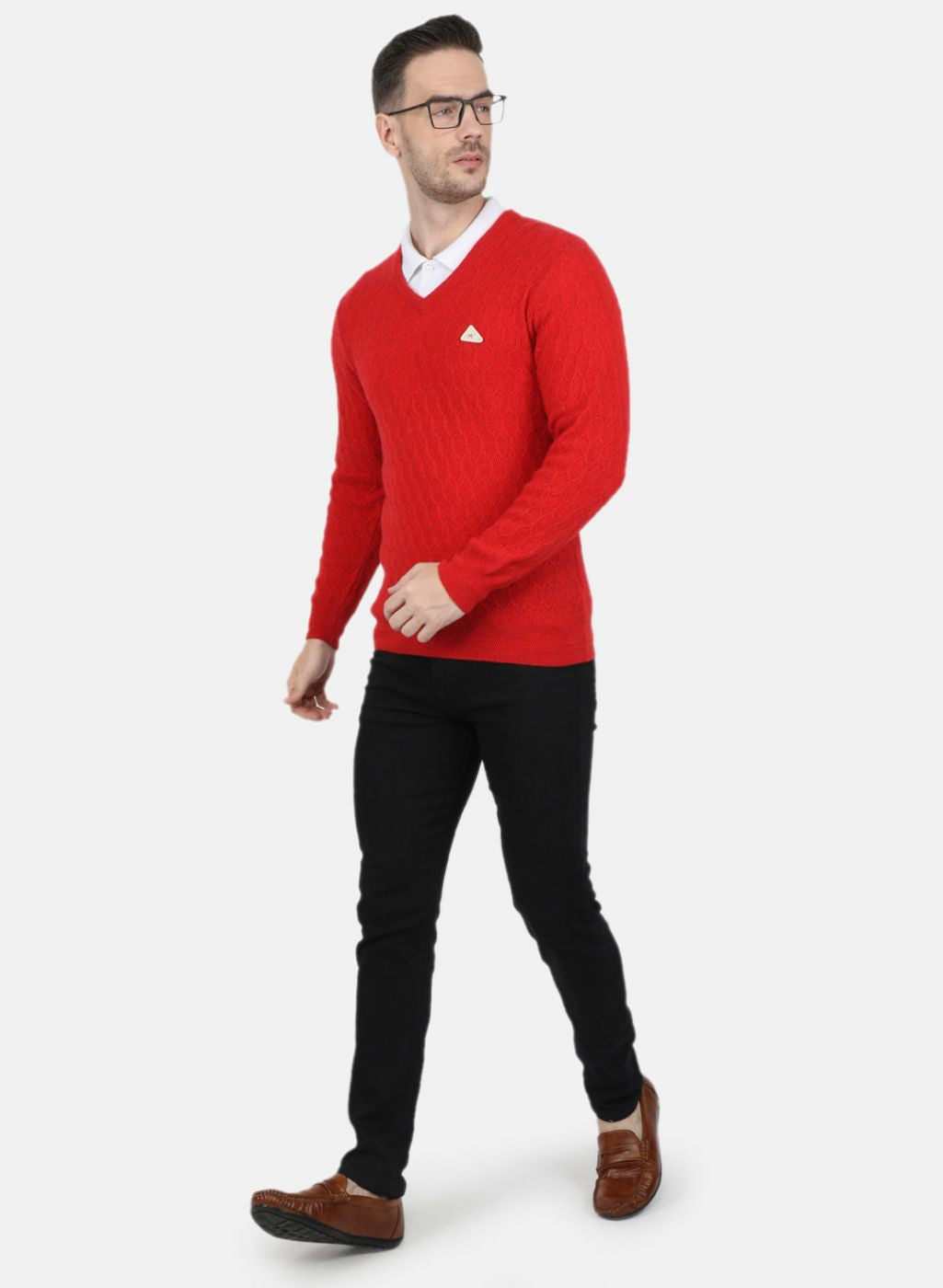Men Red Self Design Pullover
