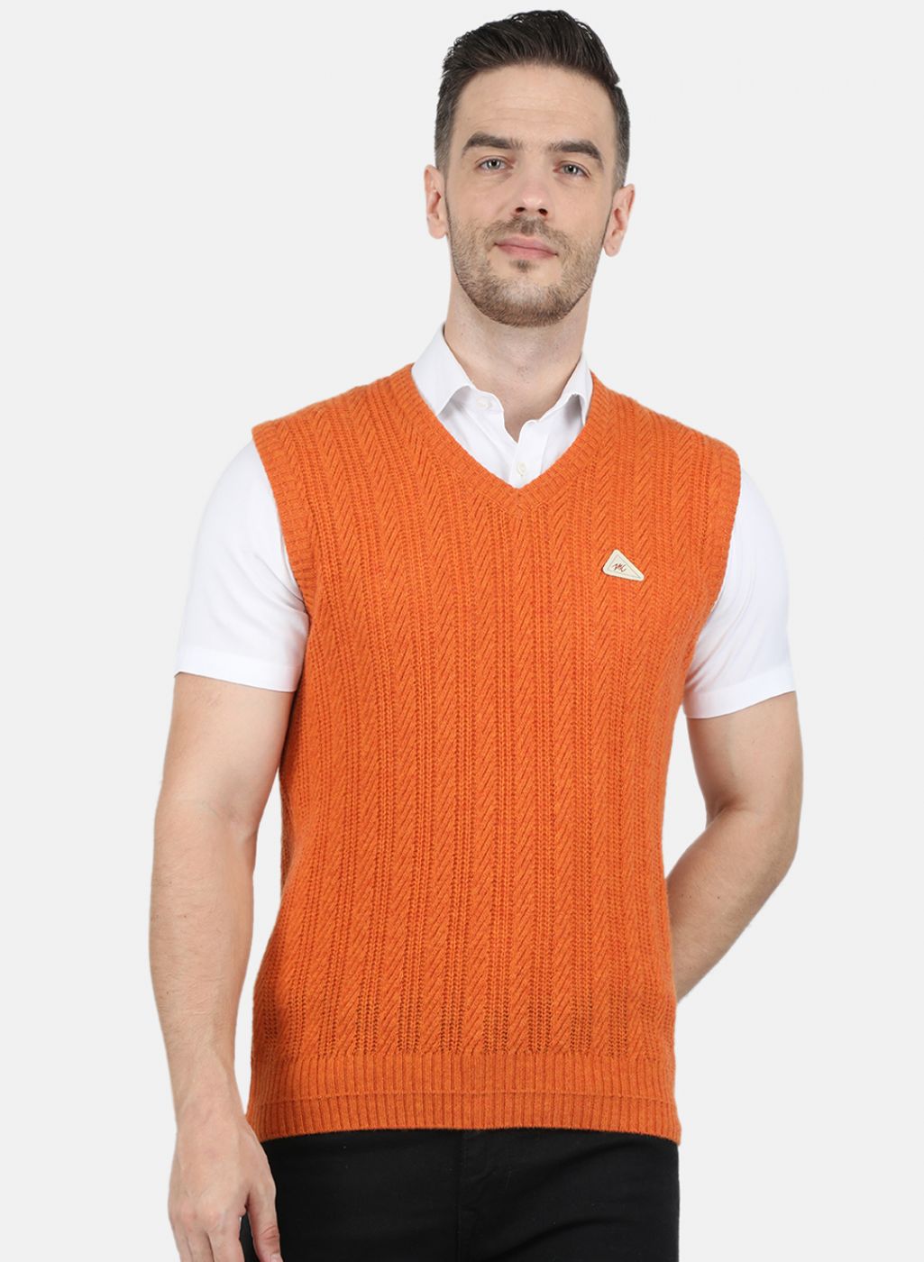 Men Orange Self Design Sweater