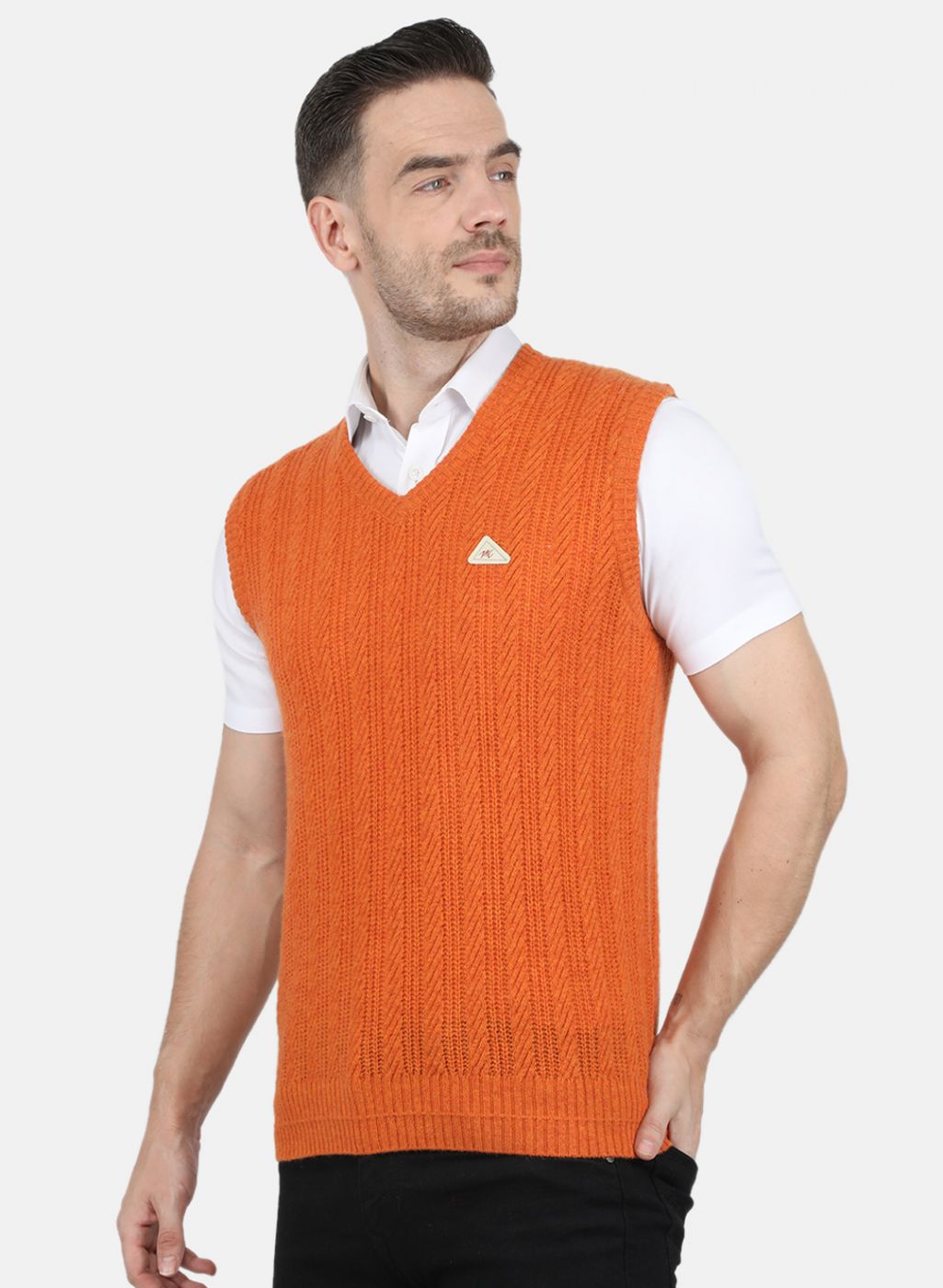 Men Orange Self Design Sweater
