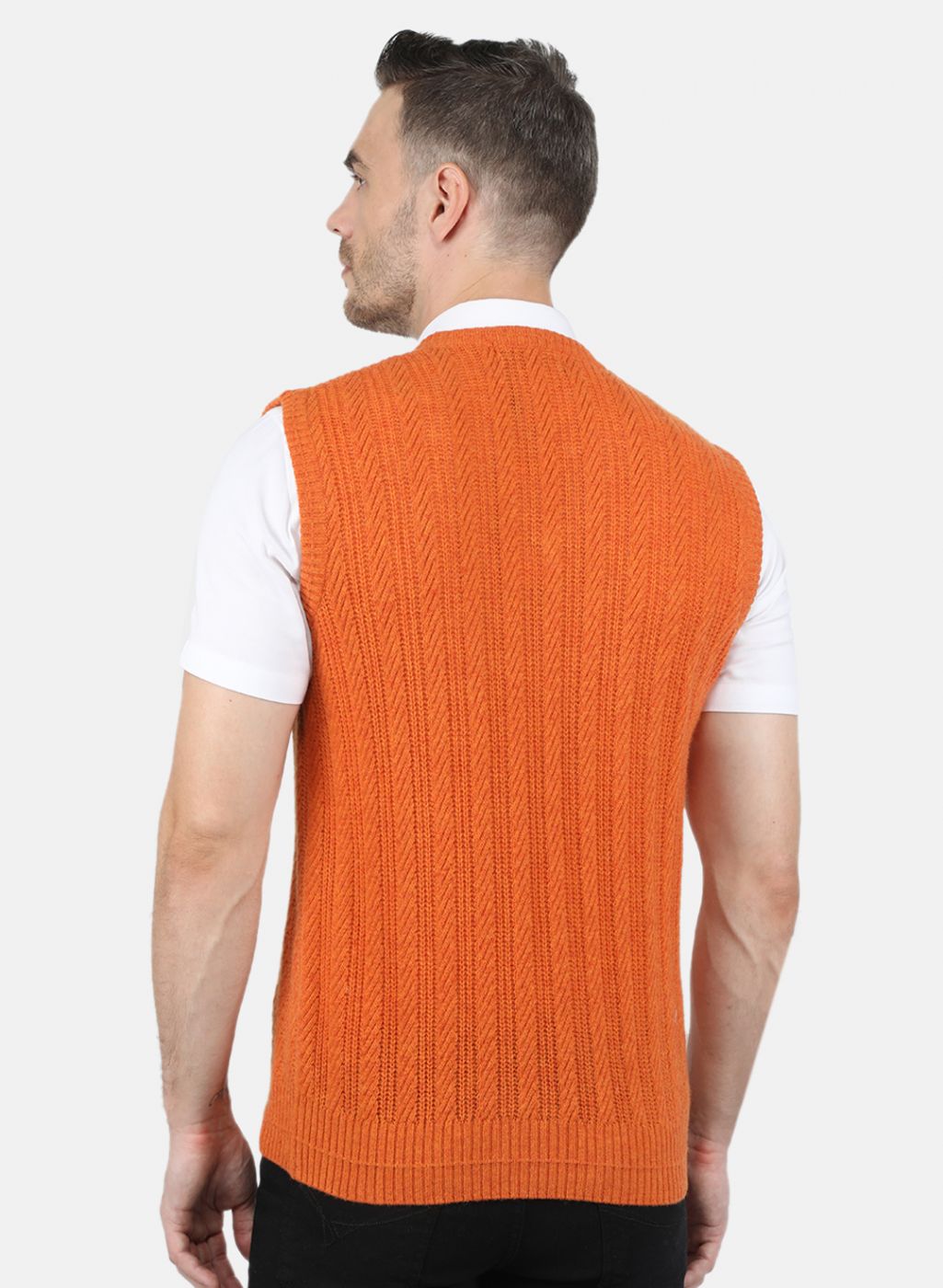 Men Orange Self Design Sweater
