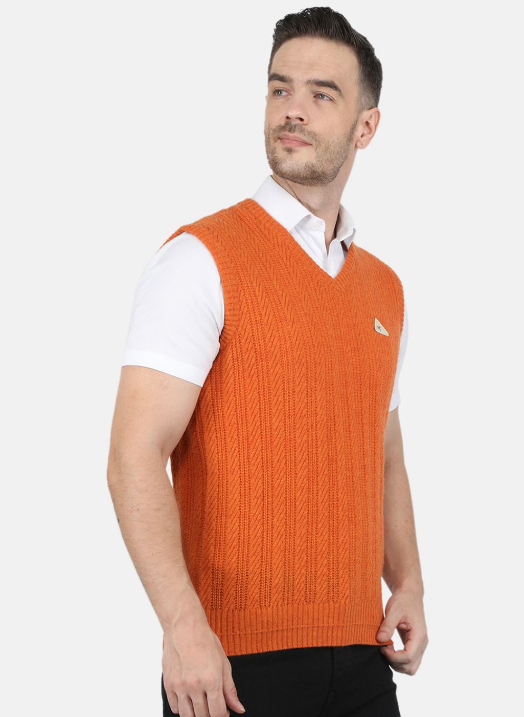 Men Orange Self Design Sweater