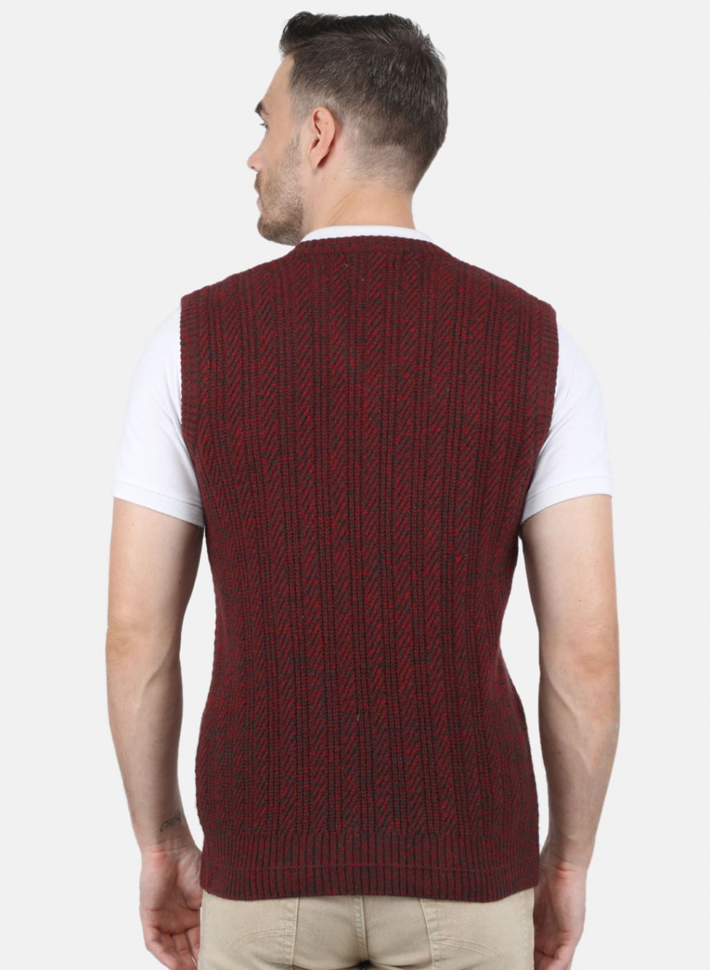 Men Maroon Self Design Sweater