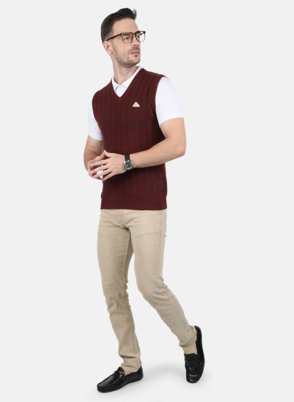 Men Maroon Self Design Sweater