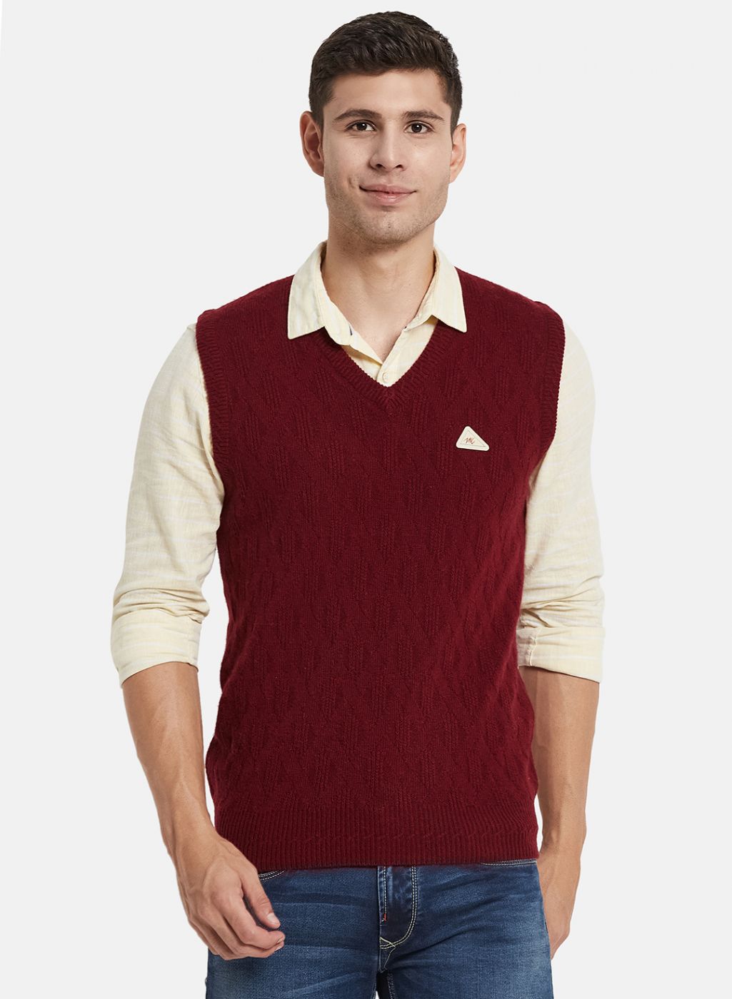 Men Maroon Self Design Sweater